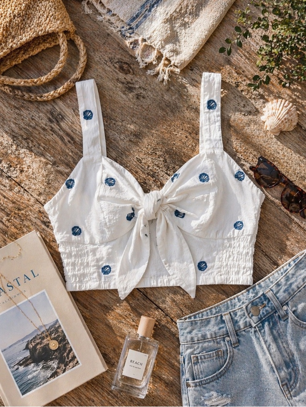 Jopna White Seashell Embroidered Crop Tank Top Small Coastal Beach Tie Front - Picture 3 of 5